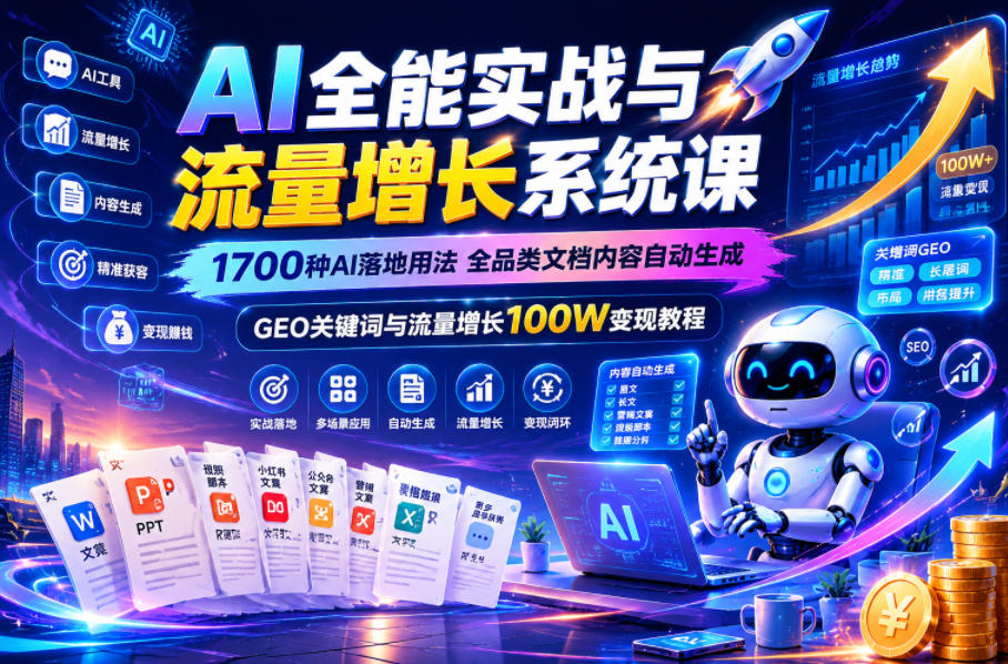 AI全能实战与流量增长系统课，1700种AI落地用法，全品类文档内容自动生成，GEO关键词与流量增长100W变现教程-韬哥副业项目资源网