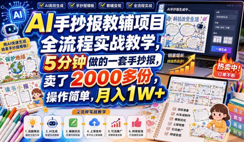 AI手抄报教辅项目全流程实战教学,5分钟做的一套手抄报,卖了2000多份,操作简单,月入1W+-韬哥副业项目资源网