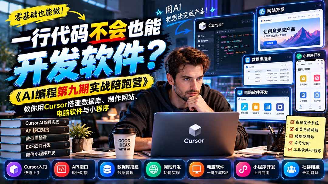（21146期）一行代码不会也能开发软件？《AI编程第九期实战陪跑营》教你用Cursor搭建数据库、制作网站、电脑软件与小程序-韬哥副业项目资源网
