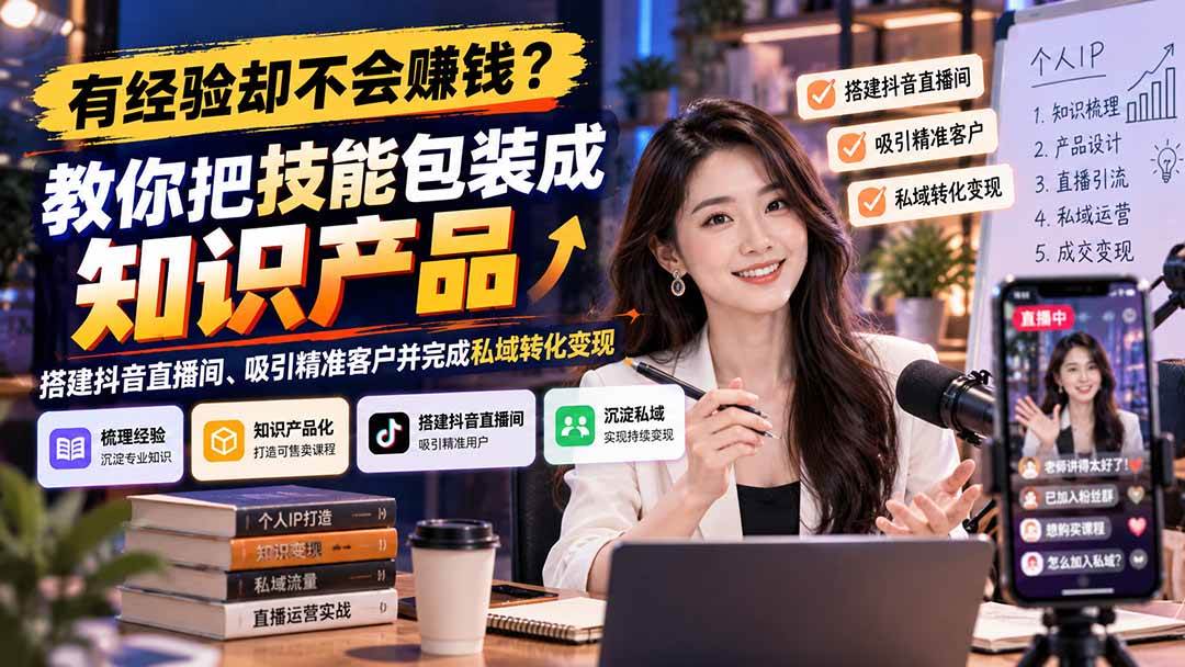 （21268期）有经验却不会赚钱？教你把技能包装成知识产品，搭建抖音直播间、吸引精准客户并完成私域转化变现-韬哥副业项目资源网