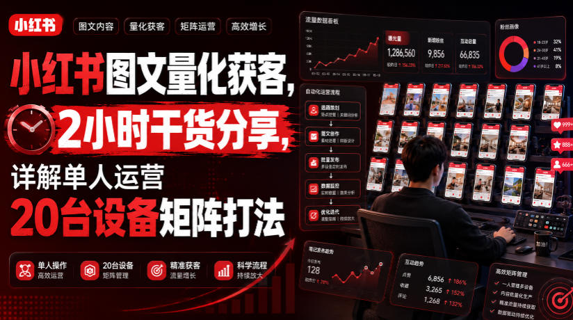 小红书图文量化获客，2小时干货分享，详解单人运营20台设备矩阵打法-韬哥副业项目资源网