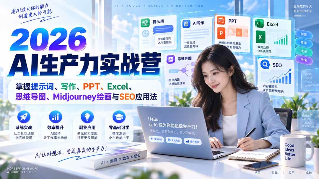 （20307期）2026AI生产力实战营：掌握提示词、写作、PPT、Excel、思维导图、Midjourney绘画与SEO应用法-韬哥副业项目资源网