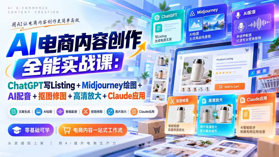 (20770期)【无水印】AI电商内容创作全能实战课:ChatGPT写Listing+Midjourney绘图+AI配音+抠图修图+高清放大+Claude应用-韬哥副业项目资源网