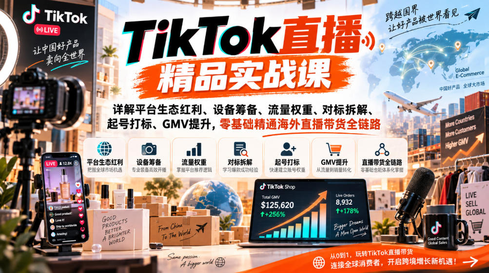 TikTok直播精品实战课，详解平台生态红利、设备筹备、流量权重、对标拆解、起号打标、GMV提升，零基础精通海外直播带货全链路-韬哥副业项目资源网