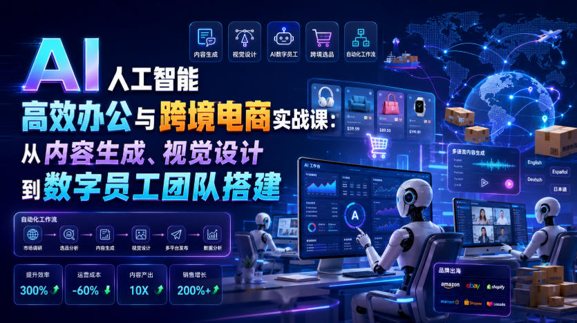 AI人工智能高效办公与跨境电商实战课：从内容生成、视觉设计到数字员工团队搭建-韬哥副业项目资源网