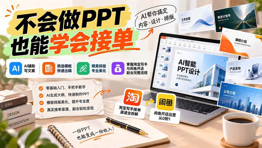 （20945期）不会做PPT也能学会接单：AI辅助写文案、挑模板、做排版，掌握淘宝写手与闲鱼开店副业完整流程-韬哥副业项目资源网