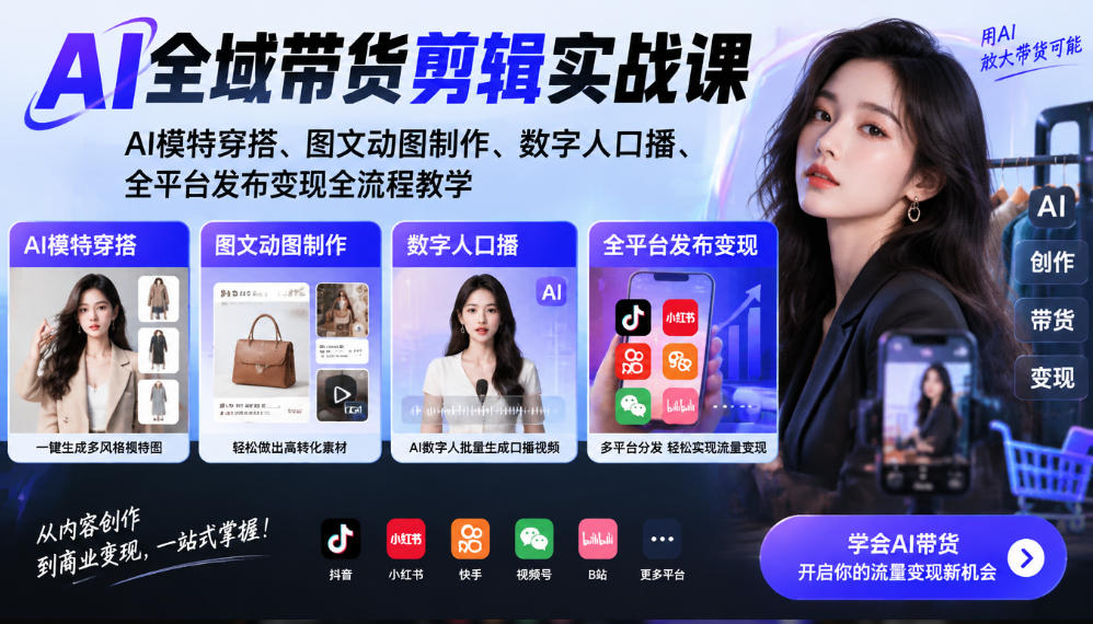 AI全域带货剪辑实战课｜AI模特穿搭、图文动图制作、数字人口播、全平台发布变现全流程教学-韬哥副业项目资源网