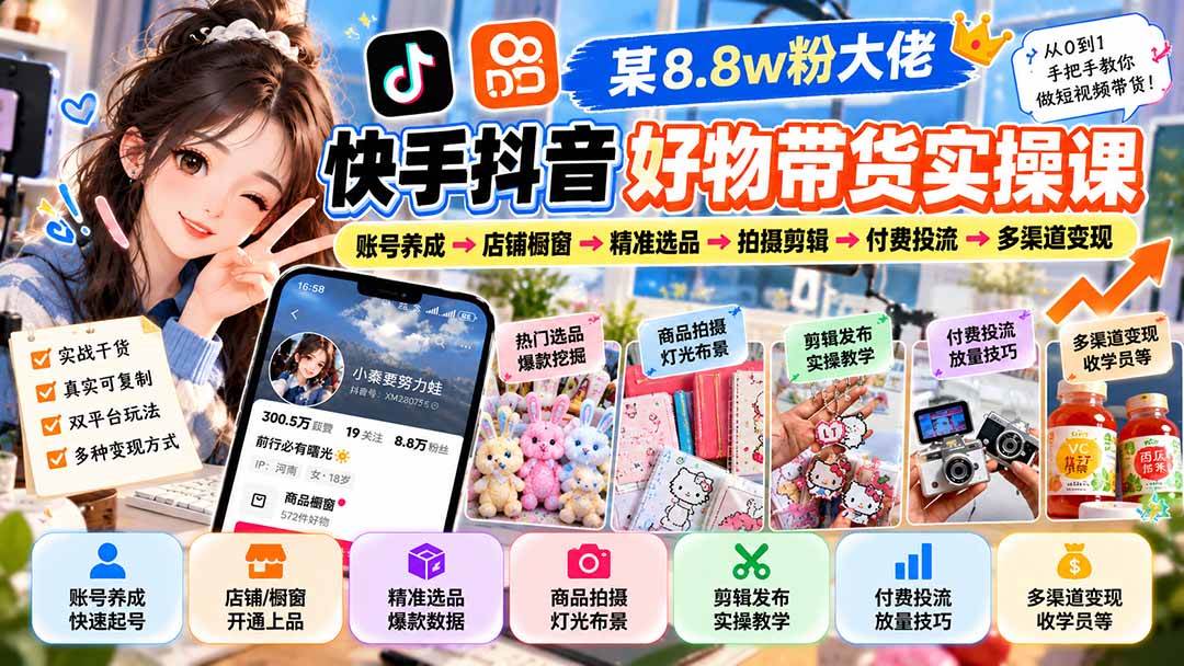 （20733期）某8.8w粉大佬快手抖音好物带货实操课：账号养成→店铺橱窗→精准选品→拍摄剪辑→付费投流→多渠道变现-韬哥副业项目资源网