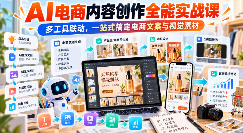 【无水印】AI电商内容创作全能实战课|多工具联动,一站式搞定电商文案与视觉素材-韬哥副业项目资源网