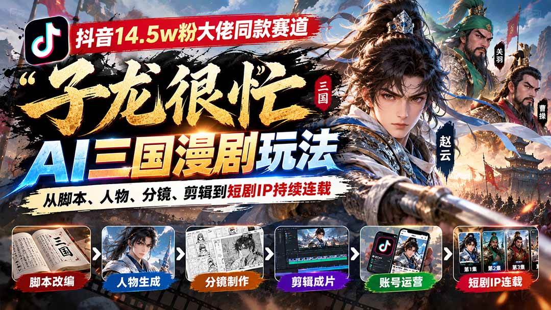 (20818期)抖音14.5w粉大佬同款赛道「子龙很忙」AI三国漫剧玩法:从脚本、人物、分镜、剪辑到短剧IP持续连载 (20818期)抖音14.5w粉大佬同款赛道「子龙很忙」AI三国漫剧玩法:从脚本、人物、分镜、剪辑到短剧IP持续连载