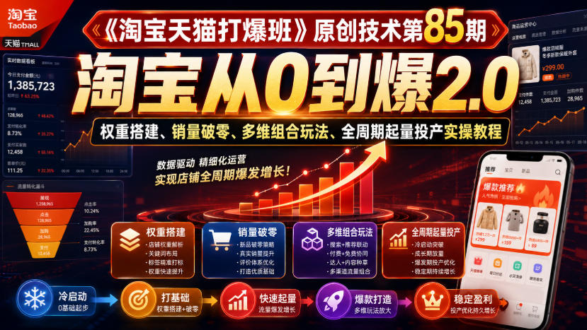 《淘宝天猫打爆班》原创技术第85期，淘宝从0到爆2.0，权重搭建、销量破零、多维组合玩法、全周期起量投产实操教程-韬哥副业项目资源网