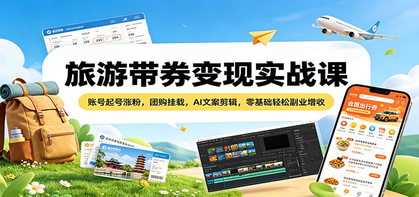 旅游带券变现实战课:账号起号涨粉,团购挂载,AI文案剪辑,零基础轻松副业增收-韬哥副业项目资源网