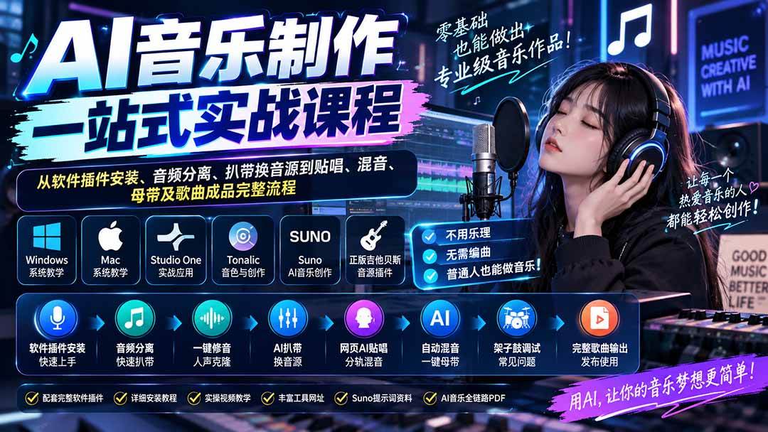 （20490期）AI音乐制作一站式实战课程：从软件插件安装、音频分离、扒带换音源到贴唱、混音、母带及歌曲成品完整流程-韬哥副业项目资源网