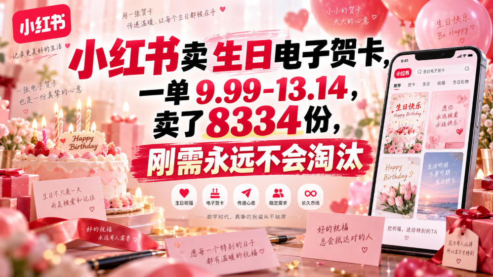 小红书卖生日电子贺卡，一单9.99-13.14，卖了8334份，刚需永远不会淘汰-韬哥副业项目资源网