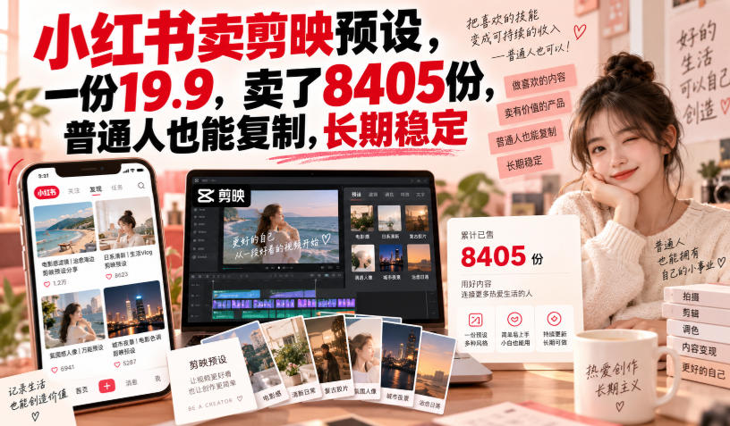 小红书卖剪映预设，一份19.9，卖了8405份，普通人也能复制，长期稳定-韬哥副业项目资源网
