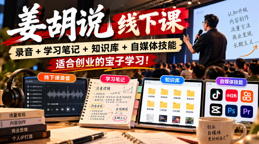 姜胡说线下课录音＋学习笔记＋知识库＋自媒体技能，适合创业的宝子学习！-韬哥副业项目资源网