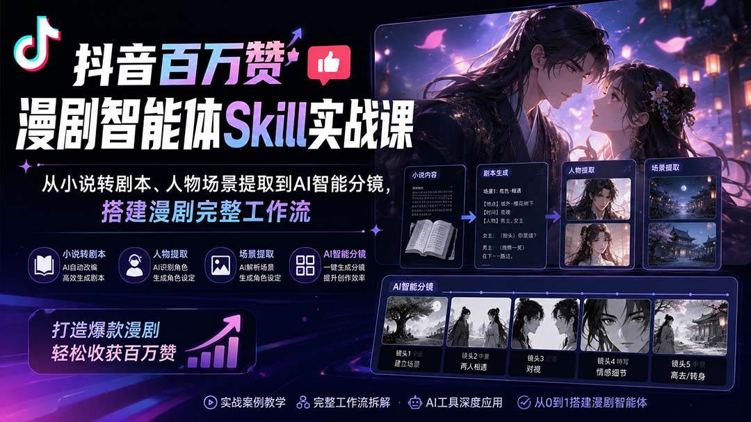 （20172期）抖音百万赞漫剧智能体Skill实战课：从小说转剧本、人物场景提取到AI智能分镜，搭建漫剧完整工作流-韬哥副业项目资源网