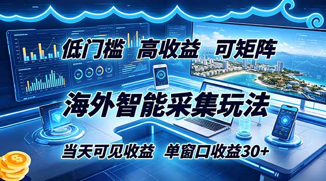 海外智能采集玩法，低门槛高单价可矩阵，当天可见收益，单窗口30+-韬哥副业项目资源网