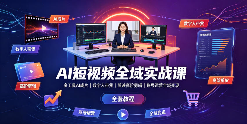 AI短视频全域实战课｜多工具AI成片、数字人带货、剪映高阶剪辑、账号运营全域变现全套教程-韬哥副业项目资源网