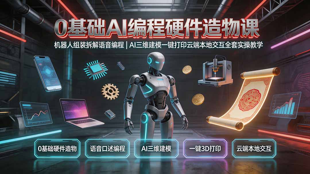 0基础AI编程硬件造物课｜机器人组装拆解语音编程，AI三维建模一键打印云端本地交互全套实操教学-韬哥副业项目资源网