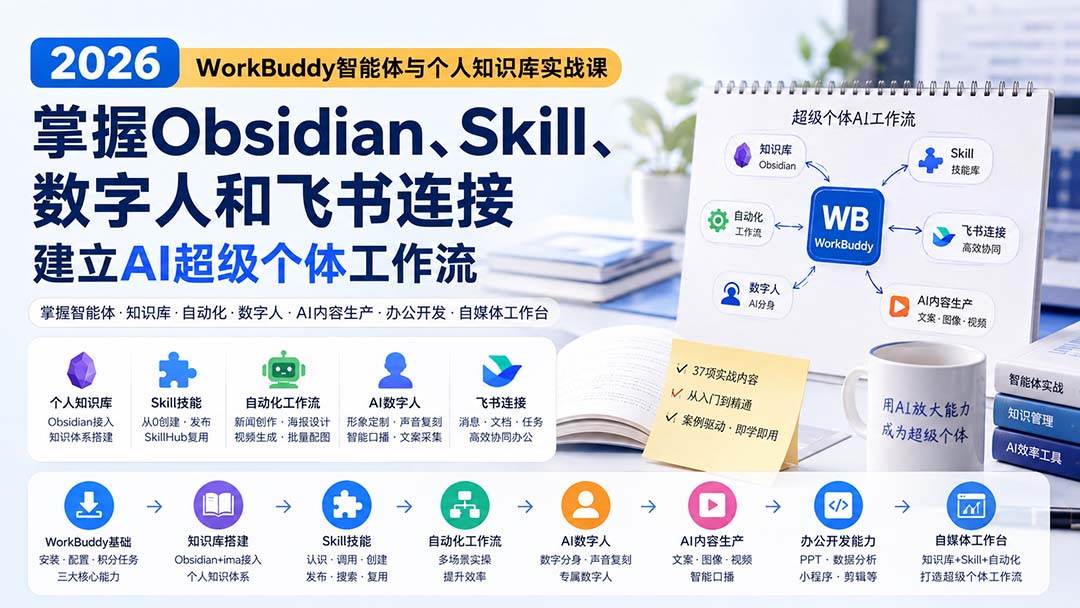 （20169期）2026 WorkBuddy智能体与个人知识库实战课：掌握Obsidian、Skill、数字人和飞书连接，建立AI超级个体工作流-韬哥副业项目资源网