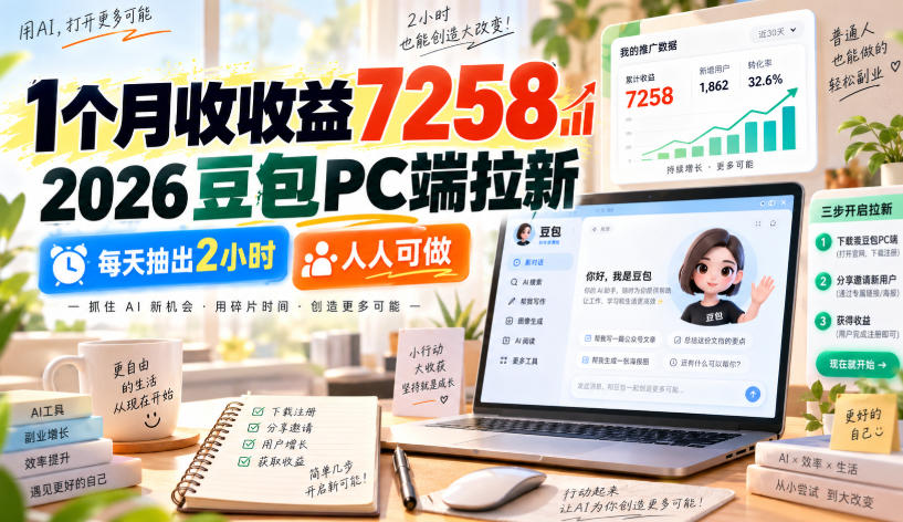 1个月收收益7258，2026豆包PC端拉新，每天抽出2小时，人人可做-韬哥副业项目资源网