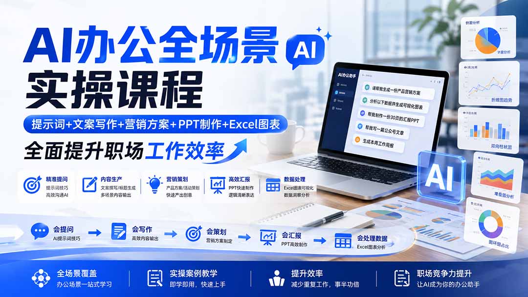 AI办公全场景实操课程：提示词+文案写作+营销方案+PPT制作+Excel图表，全面提升职场工作效率-韬哥副业项目资源网