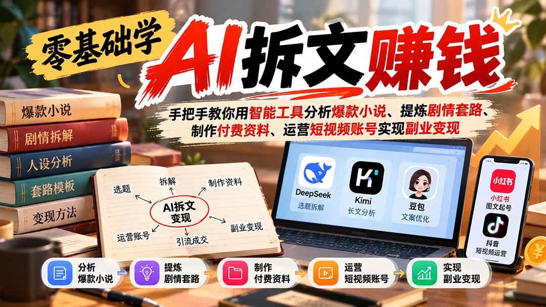 (21030期)零基础学AI拆文赚钱:手把手教你用智能工具分析爆款小说、提炼剧情套路、制作付费资料、运营短视频账号实现副业变现-韬哥副业项目资源网