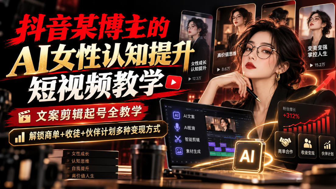 抖音某博主的Ai女性认知提升短视频教学,文案剪辑起号全教学,解锁商单+收徒+伙伴计划多种变现方式-韬哥副业项目资源网