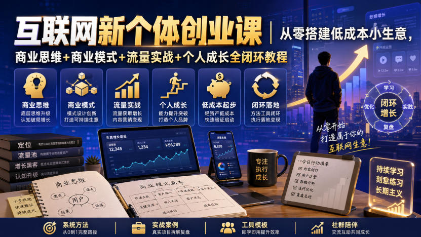 互联网新个体创业课｜从零搭建低成本小生意，商业思维+商业模式+流量实战+个人成长全闭环教程-韬哥副业项目资源网