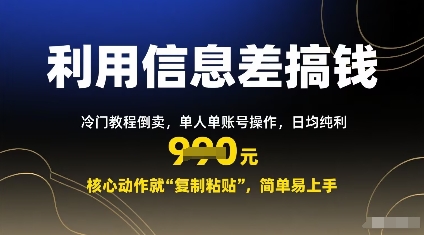 利用信息差搞钱：冷门教程倒卖，单人单账号操作，日均纯利多张，核心动作就“复制粘贴”，简单易上手-韬哥副业项目资源网