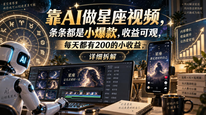 靠AI做星座视频，条条都是小爆款，收益可观，每天都有200的小收益，详细拆解-韬哥副业项目资源网