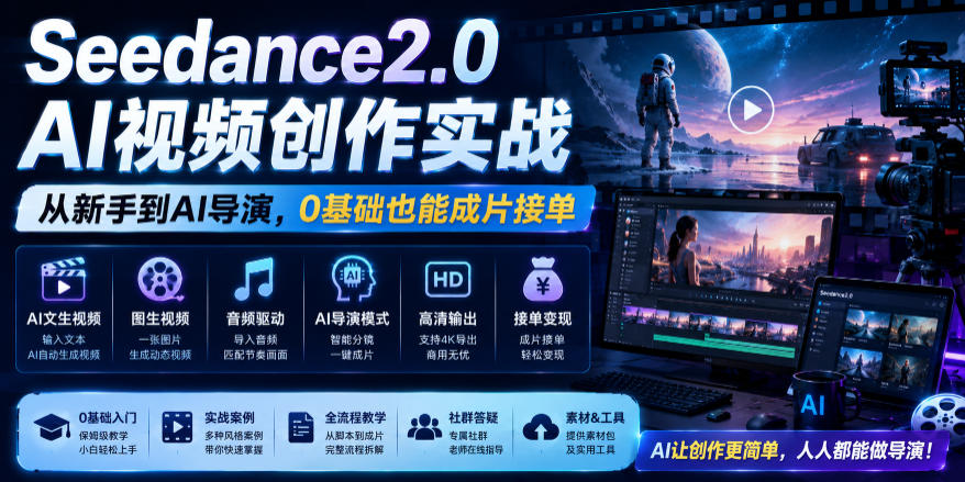 Seedance2.0 AI视频创作实战，从新手到AI导演，0基础也能成片接单变现-韬哥副业项目资源网