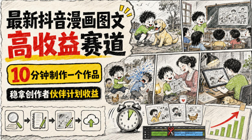 最新抖音漫画图文高收益赛道,10分钟制作一个作品,稳拿创作者伙伴计划收益-韬哥副业项目资源网
