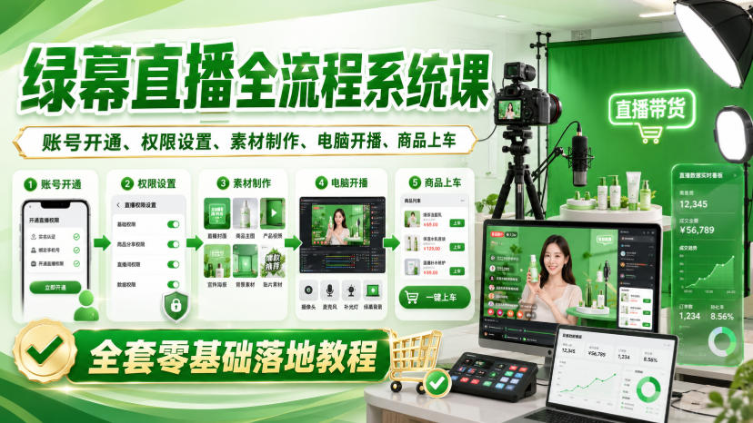 绿幕直播全流程系统课，账号开通、权限设置、素材制作、电脑开播、商品上车全套零基础落地教程-韬哥副业项目资源网