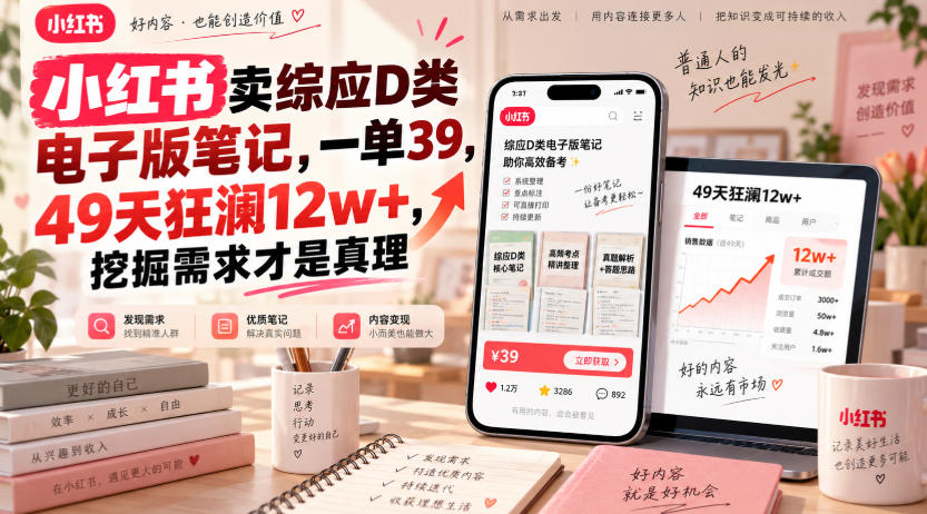 小红书卖综应D类电子版笔记，一单39，49天狂澜12w+，挖掘需求才是真理-韬哥副业项目资源网