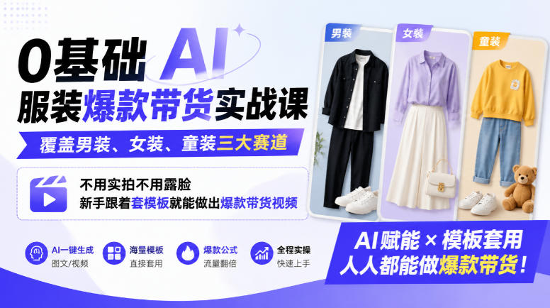 0基础AI服装爆款带货实战课｜覆盖男装、女装、童装三大赛道，不用实拍不用露脸，新手跟着套模板就能做出爆款带货视频-韬哥副业项目资源网