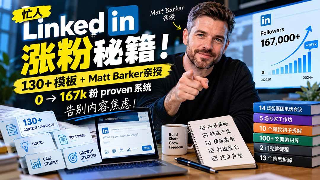 （21215期）【无水印】忙人LinkedI 涨粉秘籍！130+模板+Matt Barker亲授：0→167k粉proven系统，告别内容焦虑【原创双语字幕】-韬哥副业项目资源网