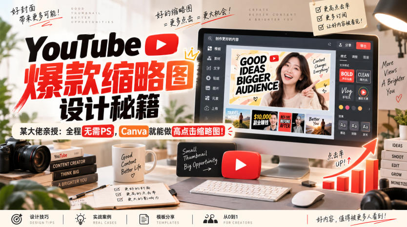 YouTube爆款缩略图设计秘籍,某油管大佬(610万订阅者)亲授,全程无需PS,Canva就能做高点击缩略图!【原创双语字幕】-韬哥副业项目资源网