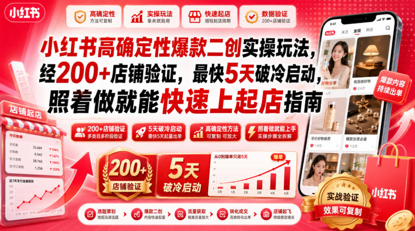 小红书高确定性爆款二创实操玩法，经200+店铺验证，最快5天破冷启动，照着做就能快速上起店指南-韬哥副业项目资源网