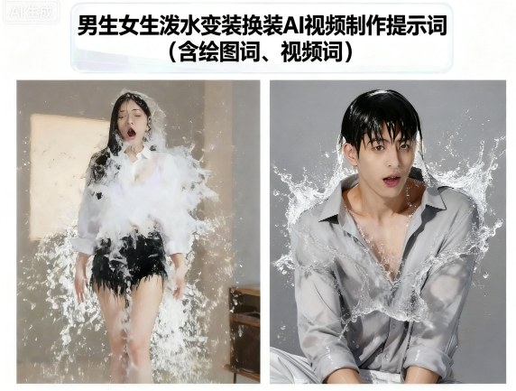 男生女生泼水变装换装AI视频制作提示词(含绘图词、视频词)-韬哥副业项目资源网