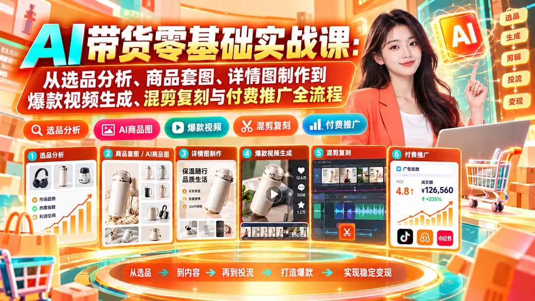 (20856期)AI带货零基础实战课:从选品分析、商品套图、详情图制作到爆款视频生成、混剪复刻与付费推广全流程 (20856期)AI带货零基础实战课:从选品分析、商品套图、详情图制作到爆款视频生成、混剪复刻与付费推广全流程
