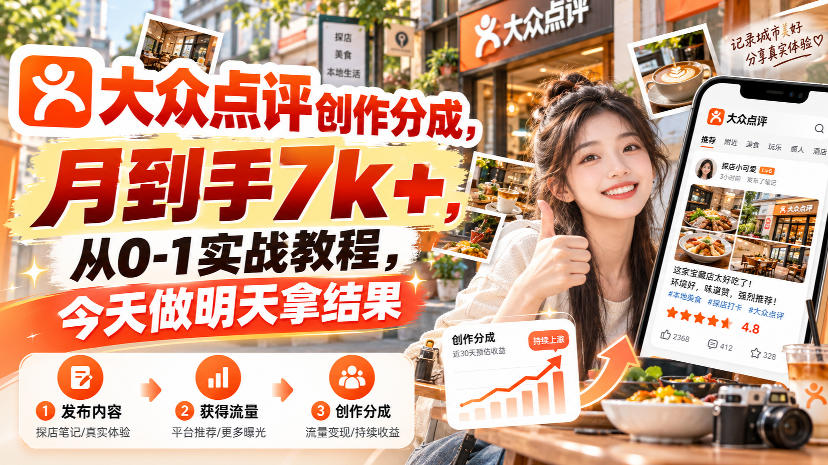 大众点评创作分成，月到手7k+，从0-1实战教程，今天做明天拿结果-韬哥副业项目资源网
