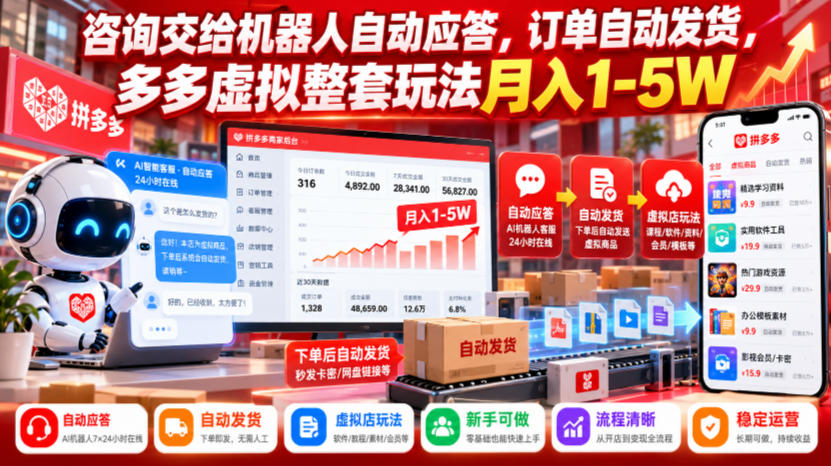 咨询交给机器人自动应答，订单自动发货，多多虚拟整套玩法月入1-5W【揭秘】-韬哥副业项目资源网