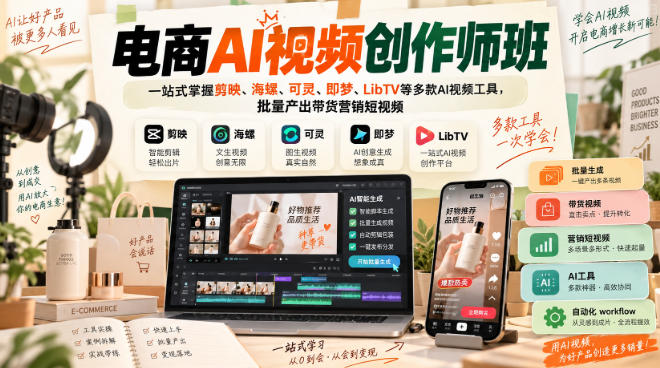 电商AI视频创作师班,一站式掌握剪映、海螺、可灵、即梦、LibTV等多款AI视频工具,批量产出带货营销短视频-韬哥副业项目资源网