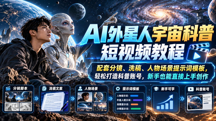 AI外星人宇宙科普短视频教程,配套分镜、洗稿、人物场景提示词模板,轻松打造科普账号,新手也能直接上手创作-韬哥副业项目资源网