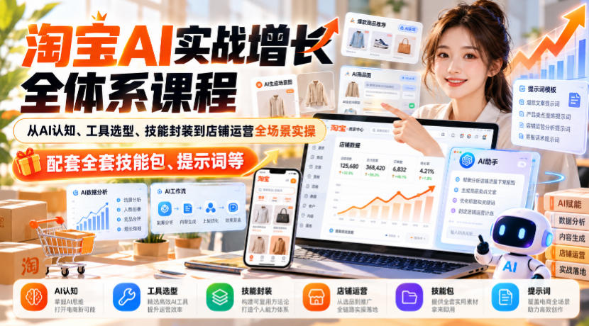 淘宝AI实战增长全体系课程,从AI认知、工具选型、技能封装到店铺运营全场景实操,配套全套技能包、提示词等-韬哥副业项目资源网