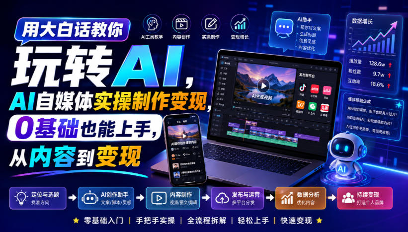 用大白话教你玩转AI，AI自媒体实操制作变现，0基础也能上手，从内容到变现-韬哥副业项目资源网