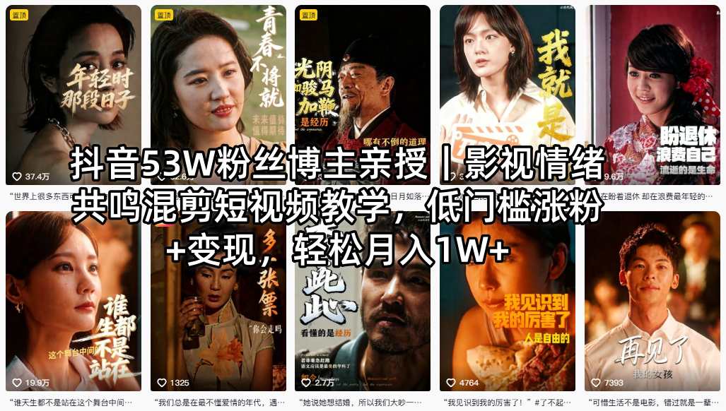 抖音53W粉丝博主亲授｜影视情绪共鸣混剪短视频教学，低门槛涨粉+变现，轻松月入1W+-韬哥副业项目资源网