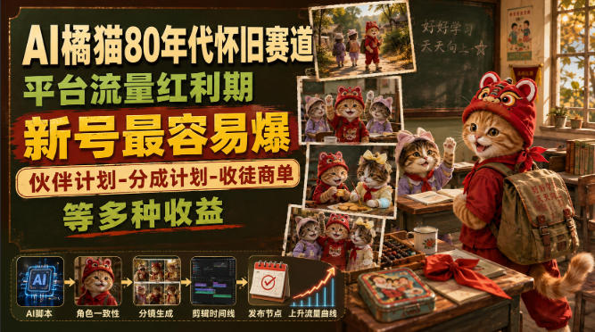 AI橘猫80年代怀旧赛道,平台流量红利期,新号最容易爆,伙伴计划-分成计划-收徒商单等多种收益-韬哥副业项目资源网